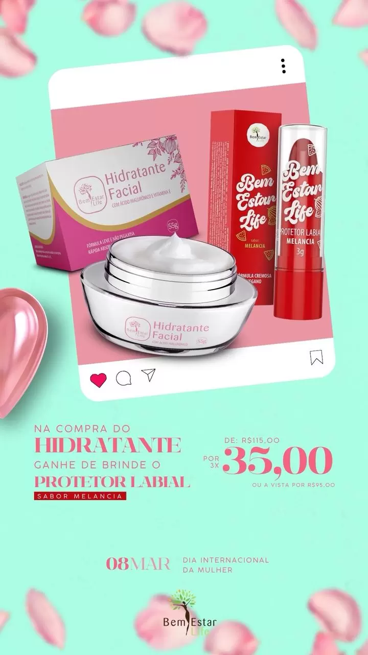 Oferta mês da Mulher - CREME HIDRATANTE FACIAL + PROTETOR LABIAL sabor melancia